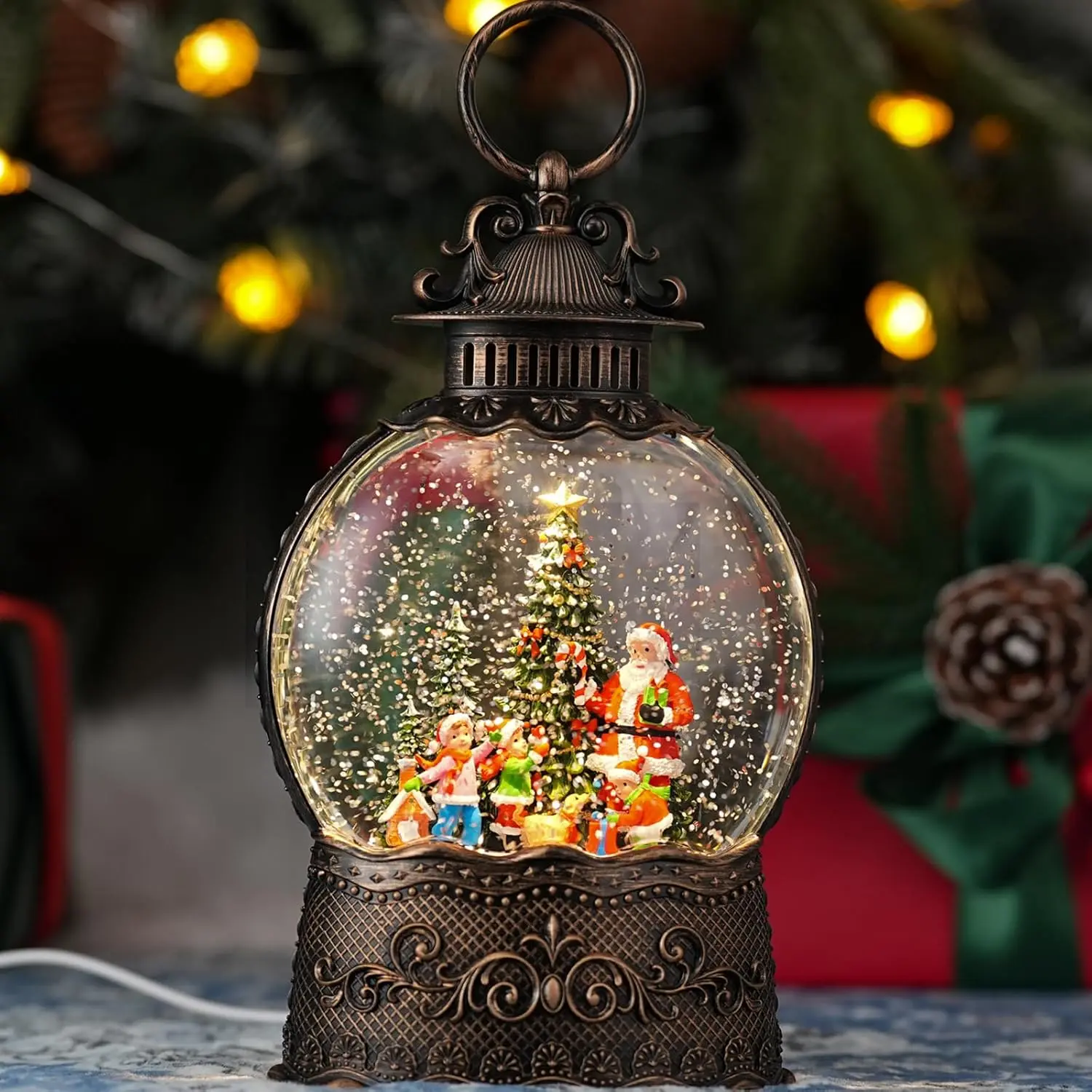 Snow Globe with Santa Claus Light Up Christmas Snow Globes with Music Timer USB Plug or Battery Operated Glitter Globe Indoor Christmas Decorations