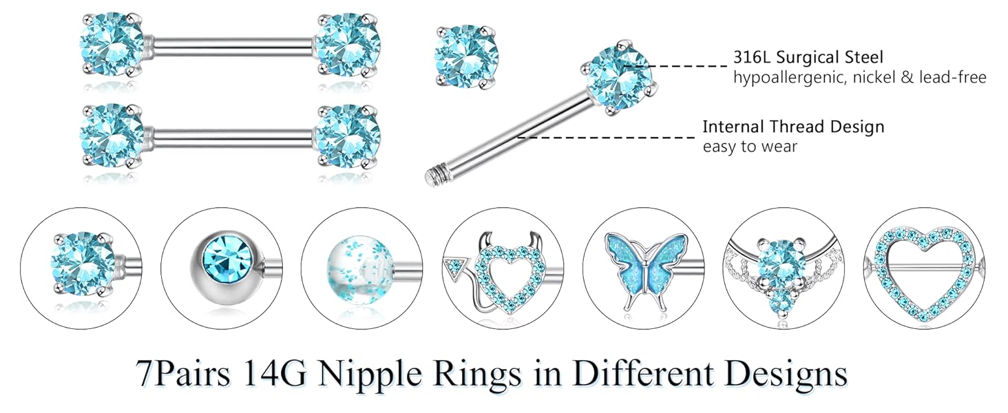 Fansilver 14G Nipple Rings for Women Surgical Steel Nipple Piercing CZ Heart Butterfly Barbell  Cute Nipple Body Piercing Jewelry for Sensitive Skin