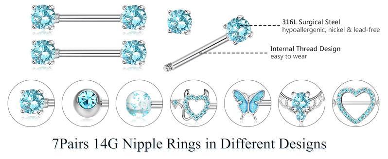 Fansilver 14G Nipple Rings for Women Surgical Steel Nipple Piercing CZ Heart Butterfly Barbell  Cute Nipple Body Piercing Jewelry for Sensitive Skin
