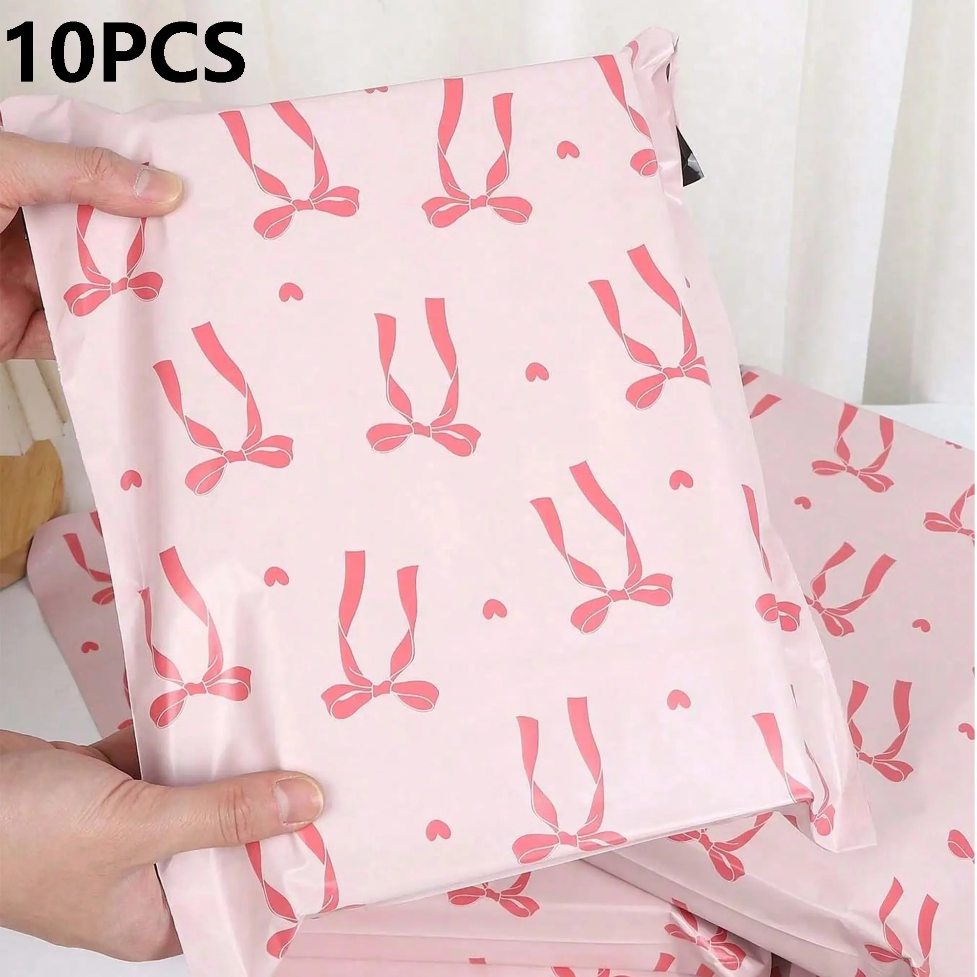 10 Heart-Shaped Bow Ribbon Storage Bags, Pe Plastic Mailer Bags, Thick Logistics Bags, Ideal for Women, Holidays, Gifts, Events