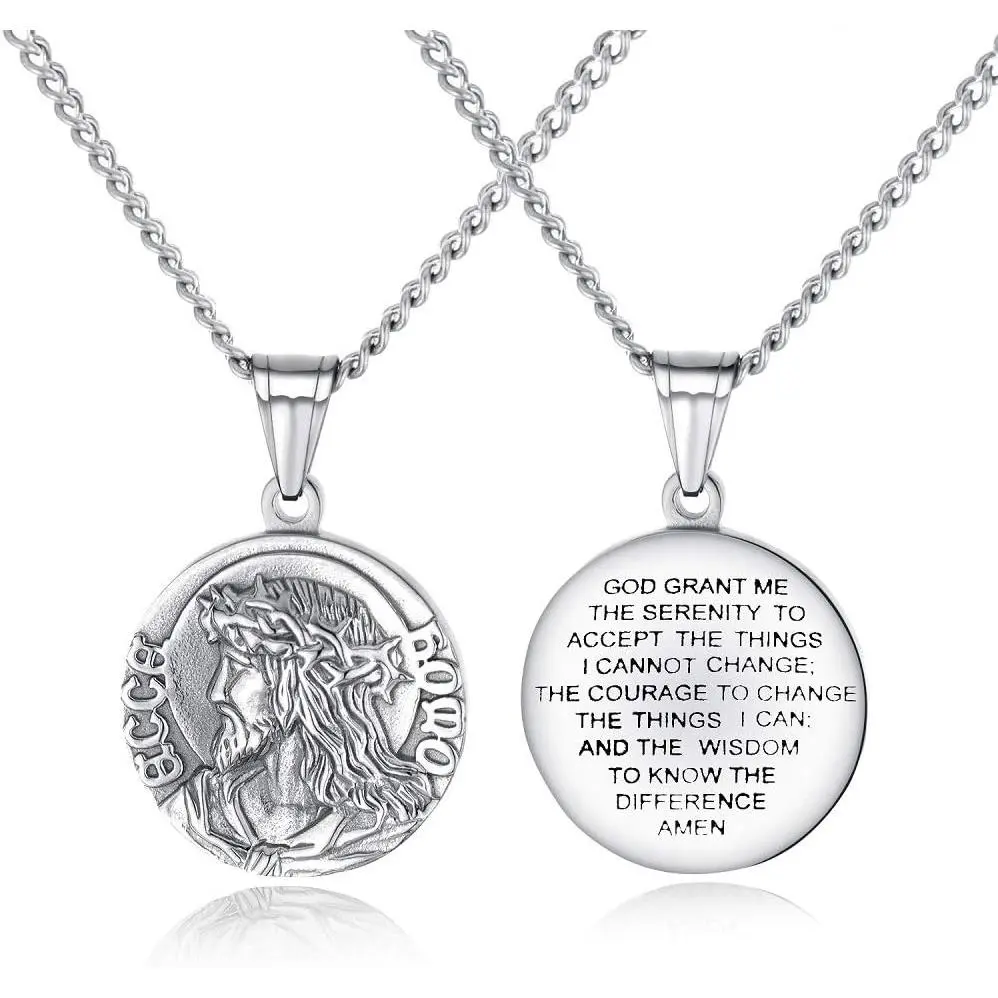 Verse  Necklace for Mens with 21.6" Chain Christian  Stainless Steel Personality Prayer English Engraved Circle Disc Medal Pendant