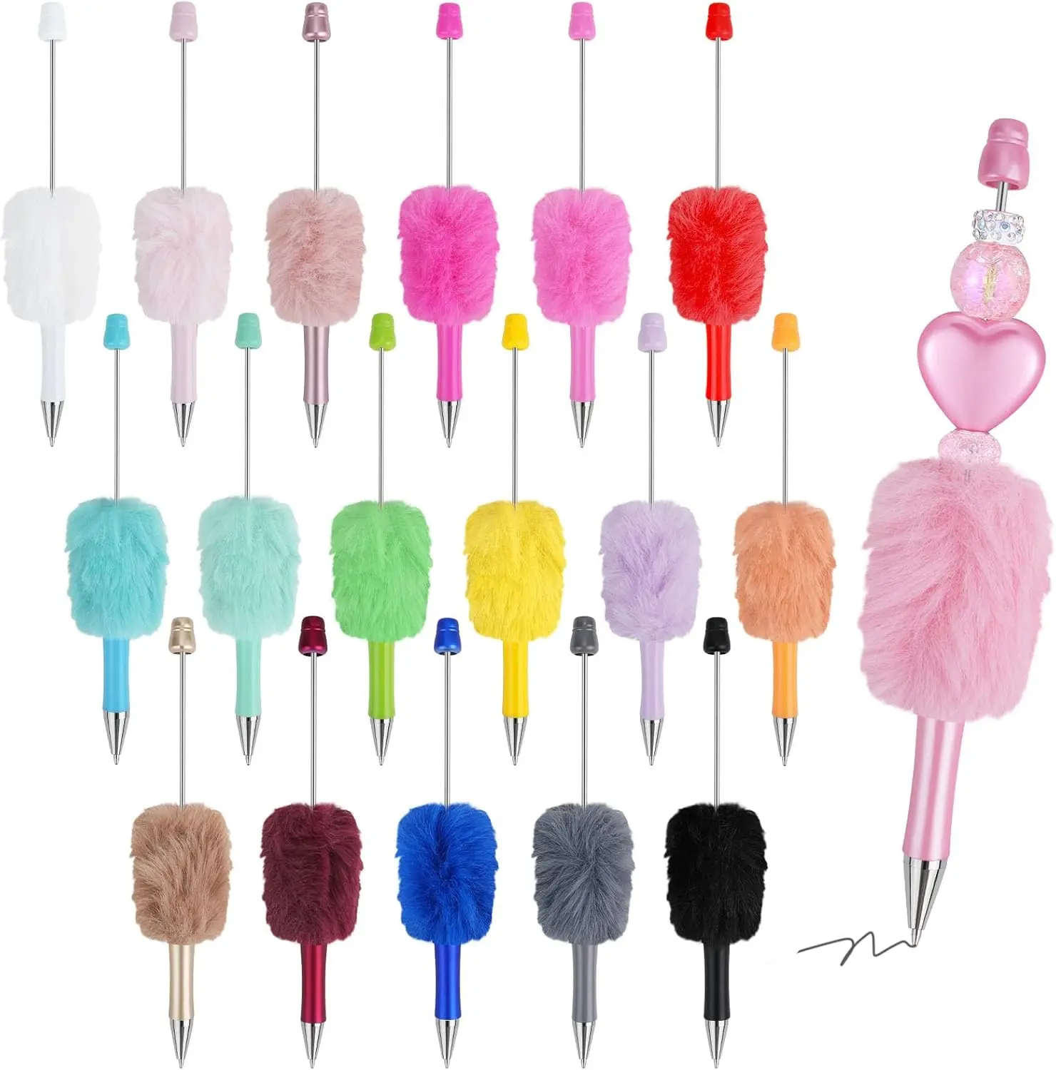 18-Piece Fluffy Beadable Retractable Ballpoint Pens, 18-Color Cute Plastic Beaded Pens with Black Ink, DIY Office School Writing Supplies & Gift