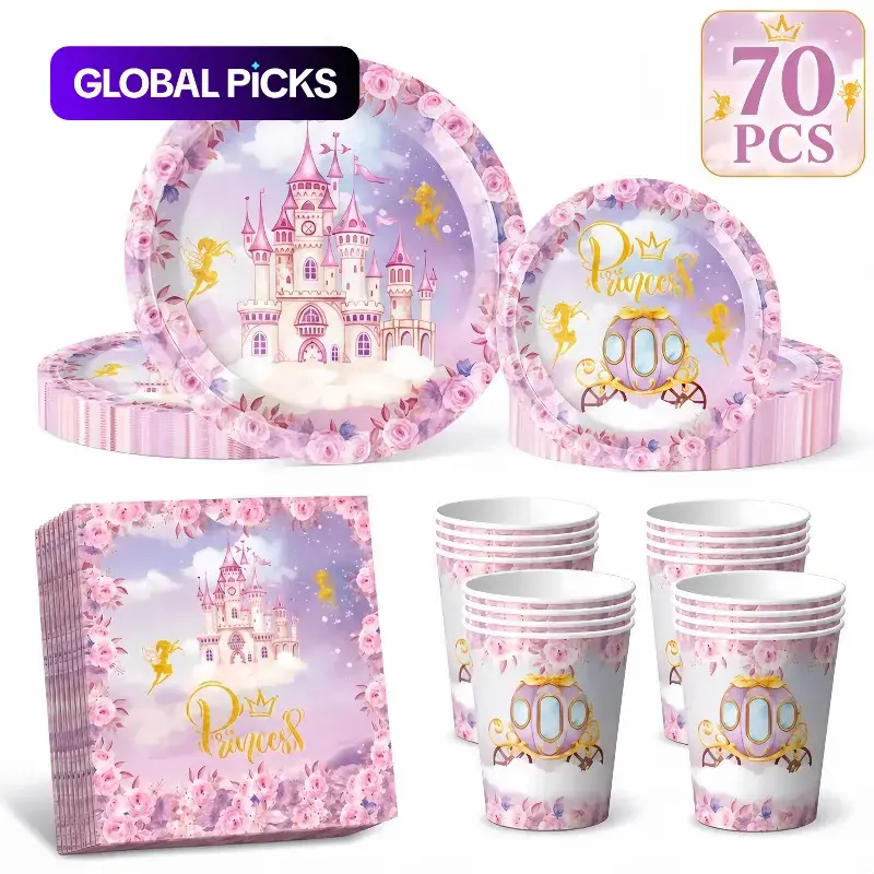 70pcs Princess Castle Party Disposable Cutlery Set, Party Tableware, Includes Plates, Dessert Dishes, Cups, Napkins, Perfect for Parties, Party Supply, 20 People