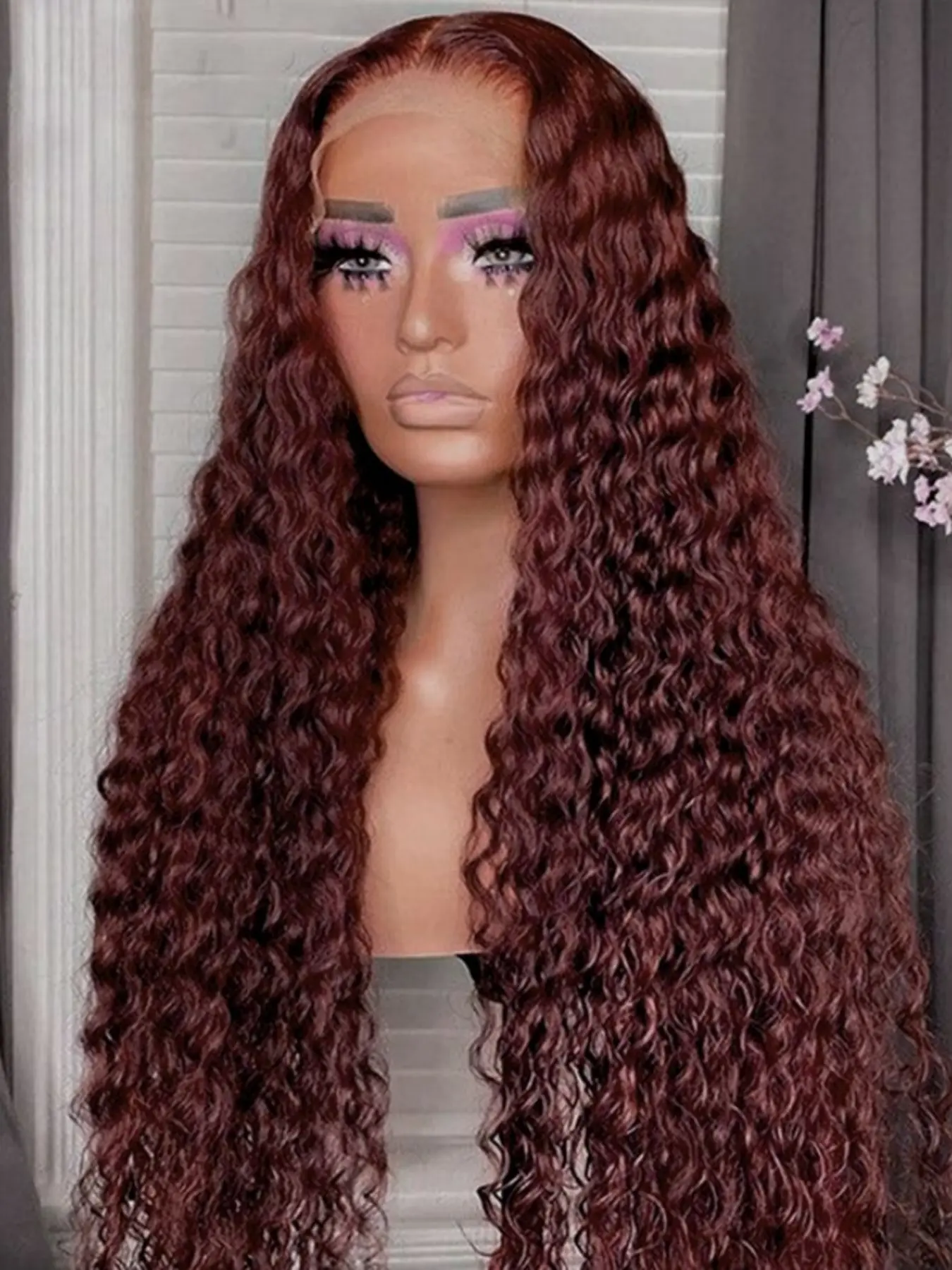 26-Inch Wine Curly Wig for Women, 180% Density, Natural Hairline, Daily Wear, Synthetic Fiber, All-Season Use, 13x4x1 Lace Front, Gorgeous Fluffy Wigs