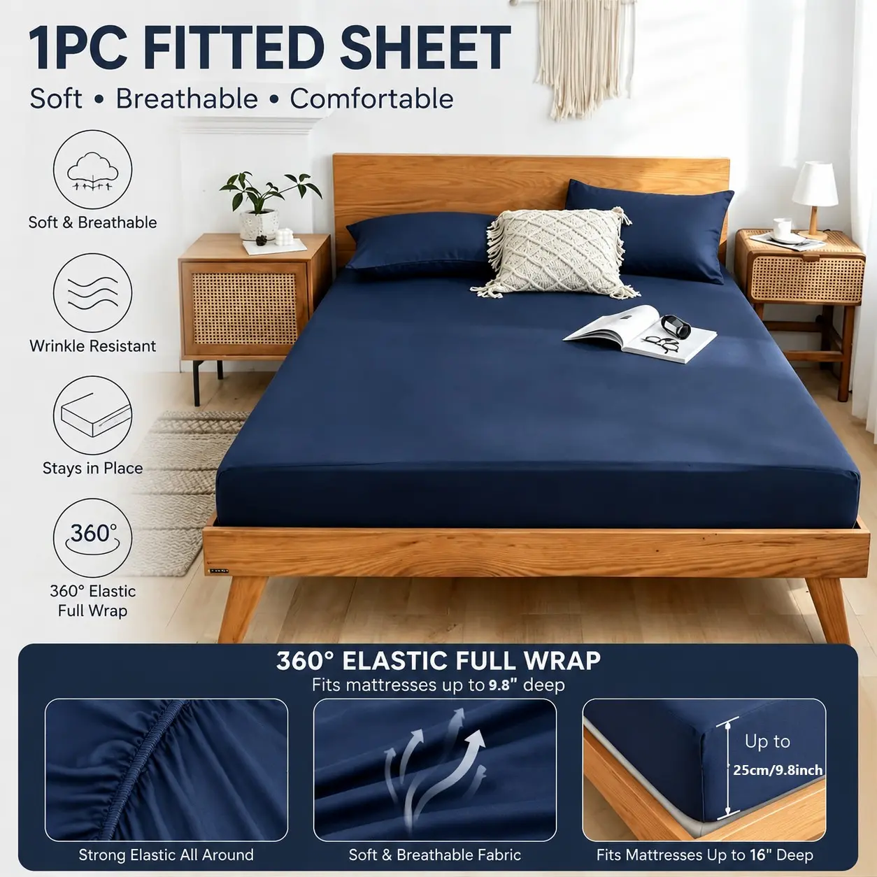 Soft Breathable Fitted Sheet, Wrinkle-Resistant Non-Slip Design, 360° Elastic Wrap for Perfect Fit, Bedding, Bedding Sheets