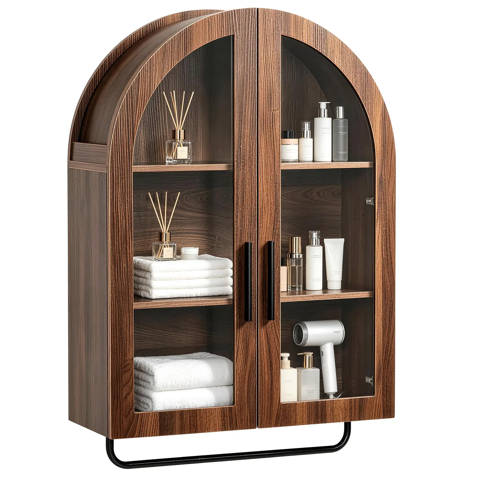 Modern Arched Ceiling Wall Cabinet for Modern Home Decor, 2-Glass-Door Bathroom Vanity with 3 Shelves, Towel Bar, MDF Melamine-Faced, 23.62*9.45*31.5in Walnut