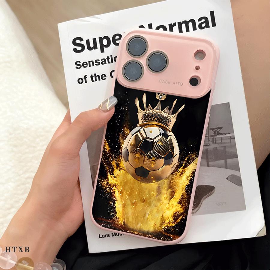 Golden Football Crown Phone Case for iPhone 17 Pro Max 17Air 17 16E 16 15 14 13 12, Ultra Skin-Friendly TPU, All-Inclusive Glass Lens Protection, Aesthetic Soccer Fans Gift, Trendy Dopamine Ins Style Cover, Shockproof Slim Case, Lens Window Design
