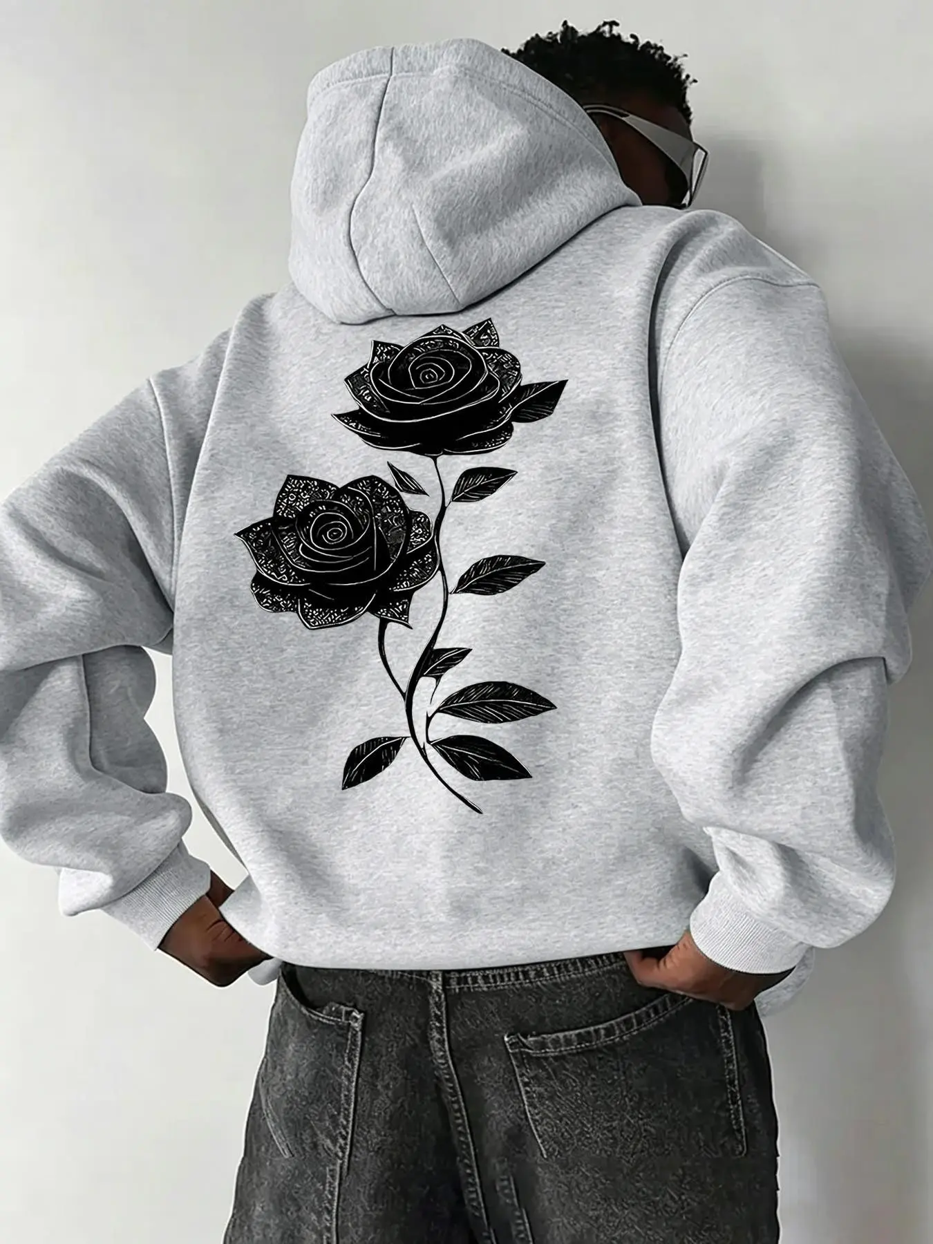 Men's Casual Loose Fit Hooded Sweatshirt, Rose Print Fleece Lined Men's Pullover, Trendy Fall & Winter Outerwear