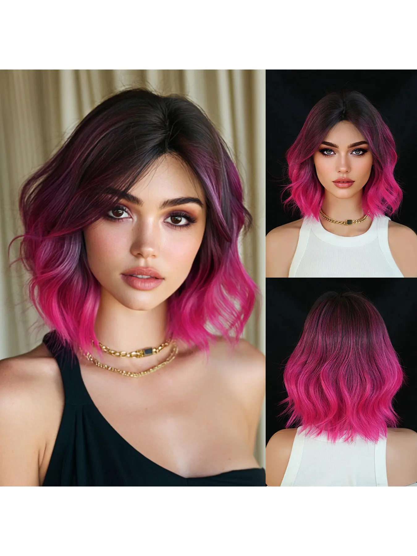 Trendy Ombre Magenta Short Curly Cosplay Wigs for Women Rose Mesh Base Bob Wig Center Part Lightweight Airy Comfortable Everyday Wear Fashion Forward Street Style Wig