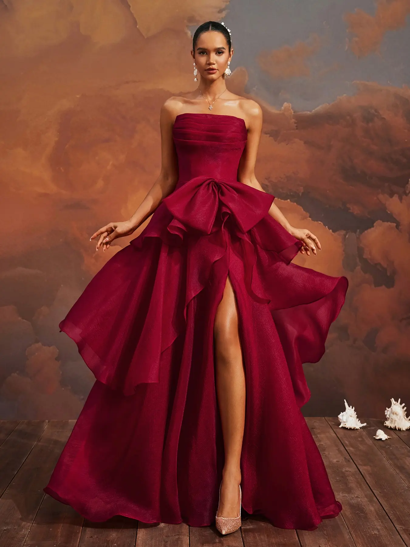 Elegant Strapless Bow Tiered High Slit Dress, Floor-Length Formal Evening Gown, Women's Cocktail Party Dress, Princess Bridesmaid Dress, Wedding Guest Dress