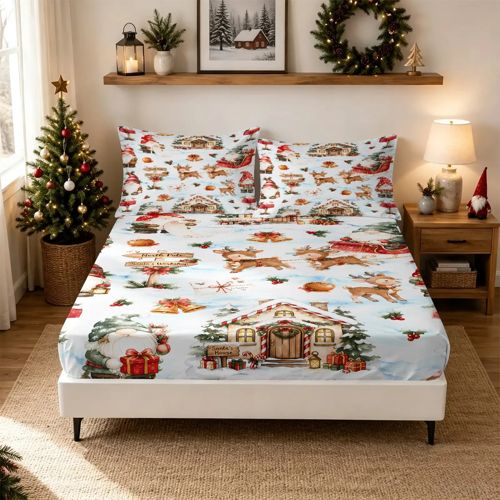 3PCS North‑Pole Winter Village Christmas Fitted Sheet Set (1 Fitted Sheet+2 Pillowcases), Ultra Soft Breathable Skin‑Friendly Fabric, Stretch Deep Pocket, Vivid HD Digital Print, Bedroom Decor Accessories, Festive Xmas Room Decor