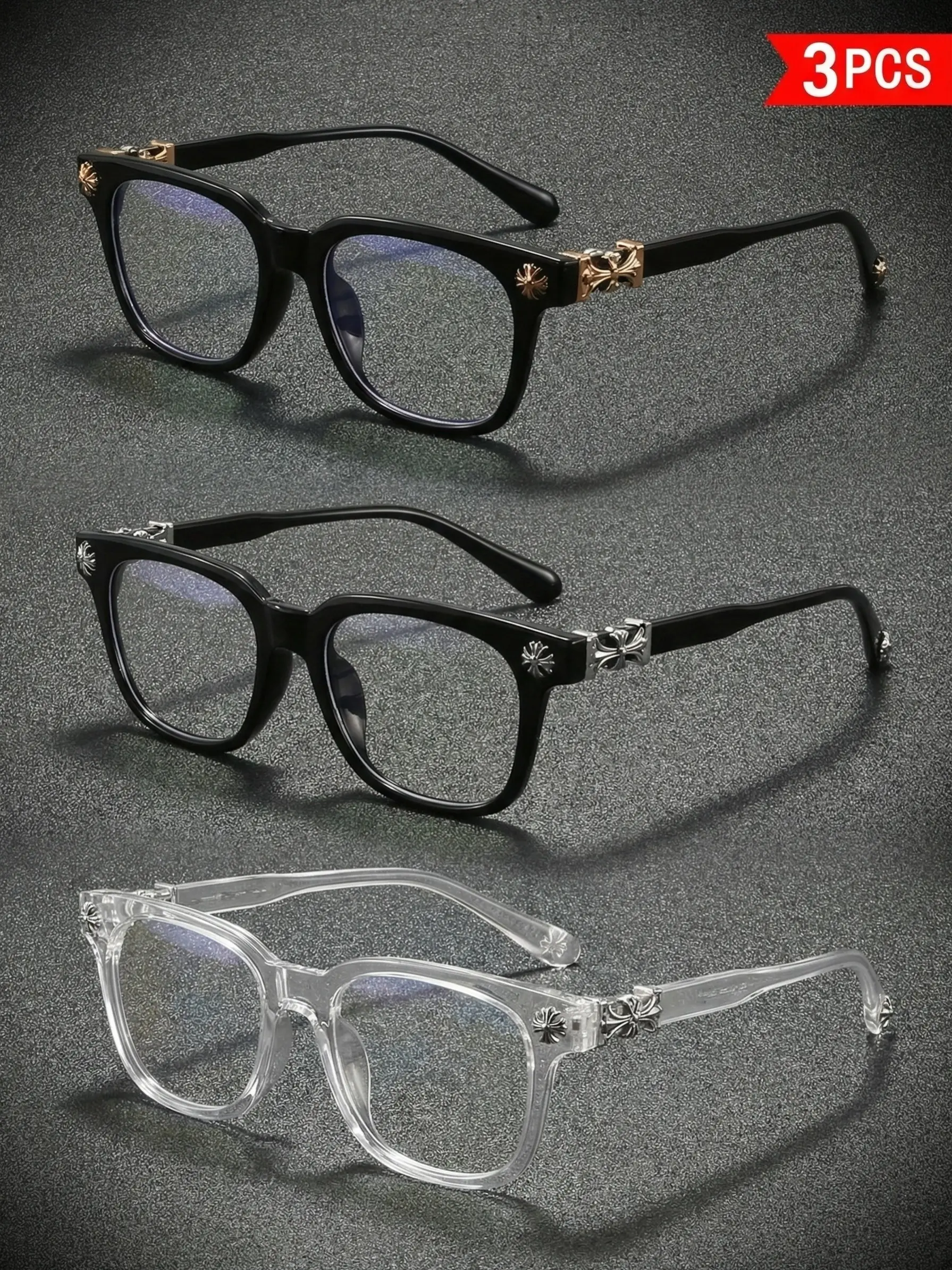 3 Pairs Fashion Square Sunglasses, Luxurious Cross Design, Unisex, Blue Light Blocking, Lightweight Retro Glasses, Men's & Women's Eyewear