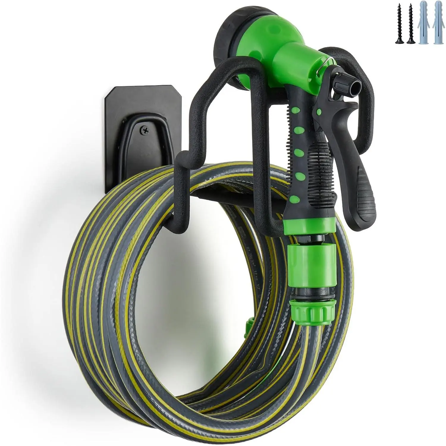 Heavy Duty Garden Hose Holder Wall Mount - Matte Black Rust-Resistant Metal Hanger with Nozzle Slot, PVC Coated for Indoor/Outdoor Use