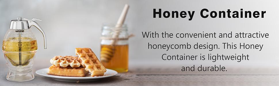 Honey Dispenser No Drip Glass 8 oz with Plastic Top, Beautiful Honeycomb Shaped Honey Jar with Stand - 6" Clear Container, Honey Pot, Maple Syrup Dispenser, Perfect Bee Decoration for Home Kitchen