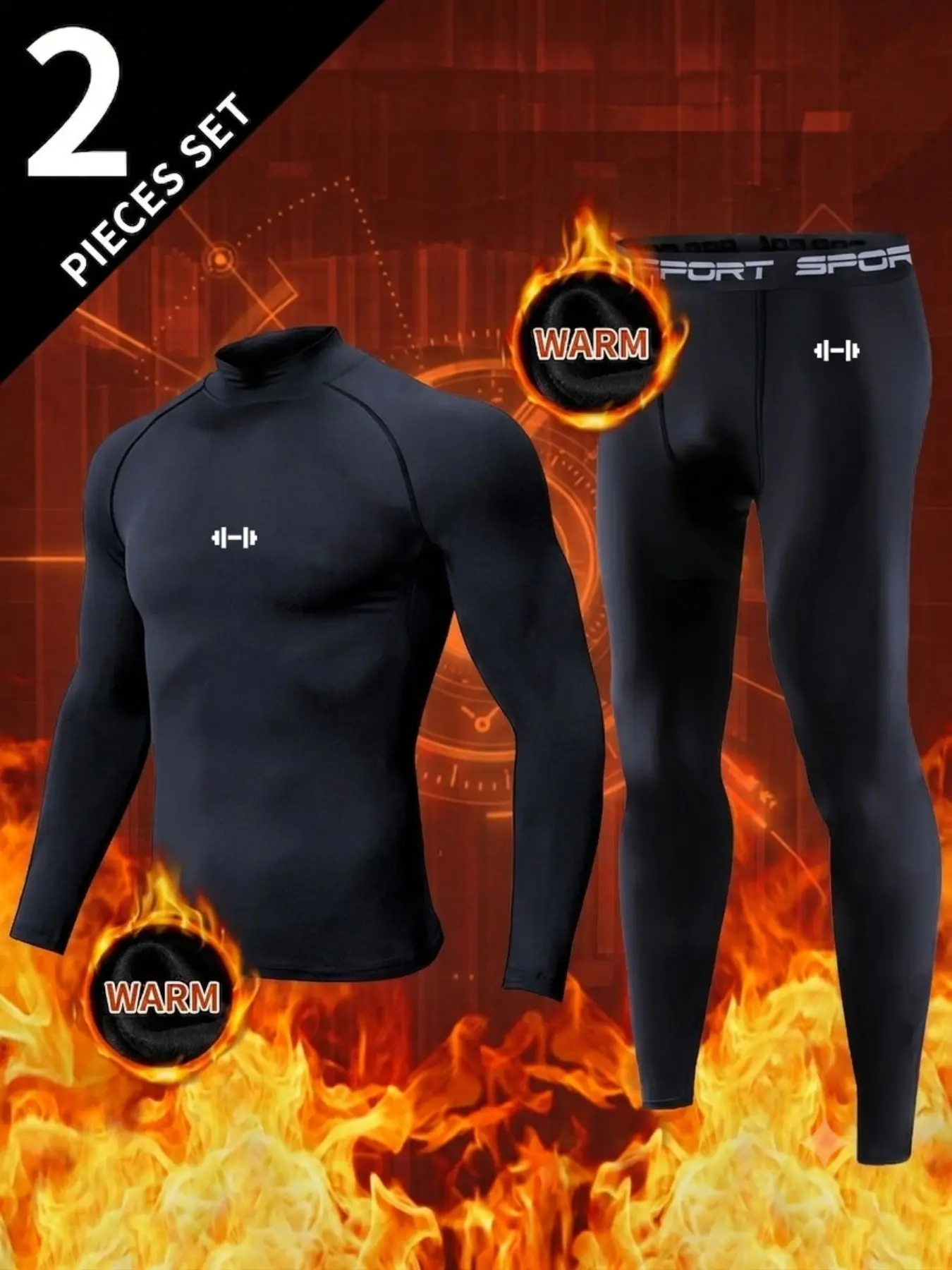 2 Pack Men's Thermal Underwear Base Layer Set Fleece Lined Compression Tops & Leggings  White Dumbbell Print Letter Waistband Winter Sports Gym Skiing Workout Suit
