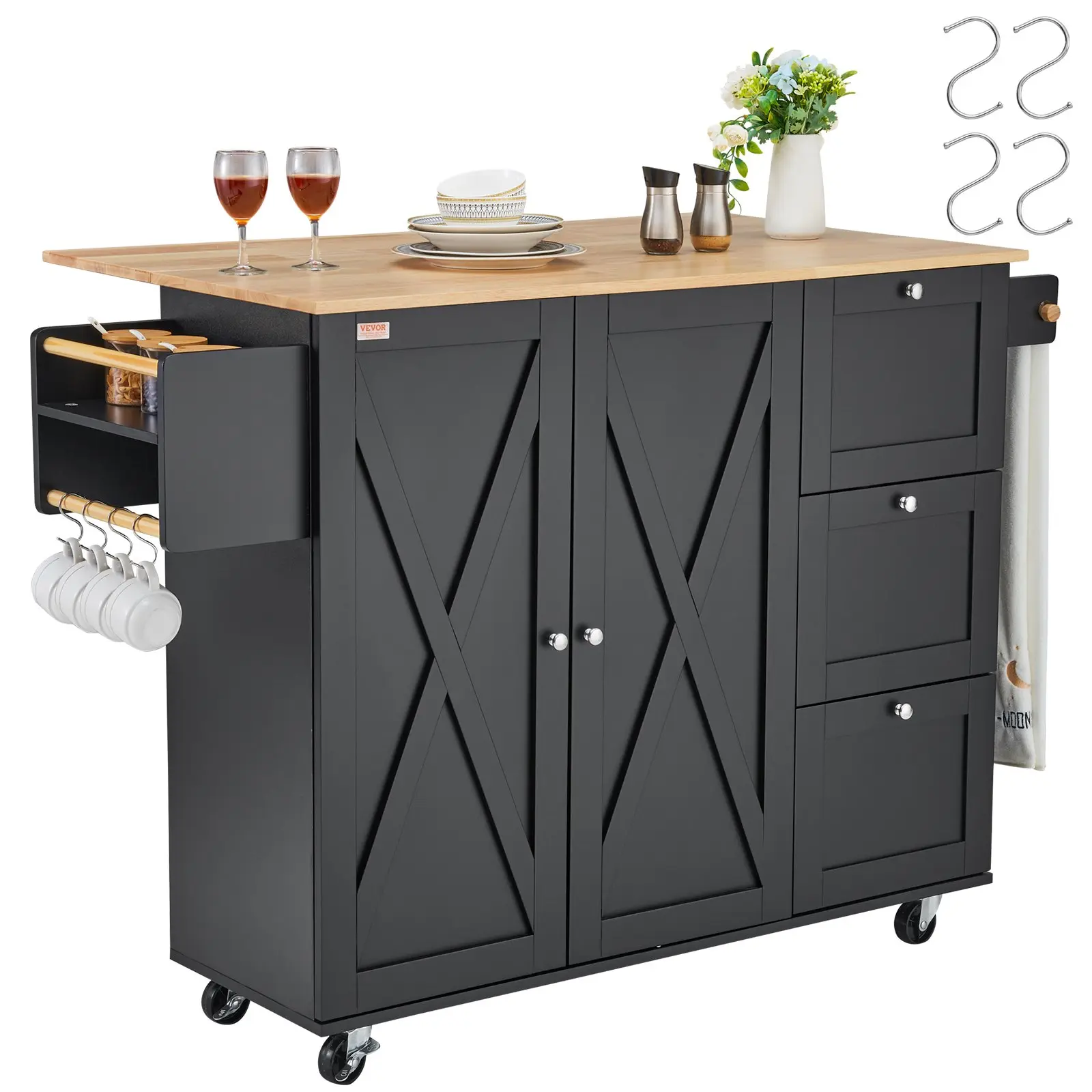 【DealsForYouDays】VEVOR Kitchen Island Cart, 56" Wood Top Mobile Carts with Storage Cabinet, Rolling Table with Drop Leaf, Spice Rack, Towel Bar, Adjustable Shelf, Drawer, and Hooks, Portable Islands on Wheels, Black