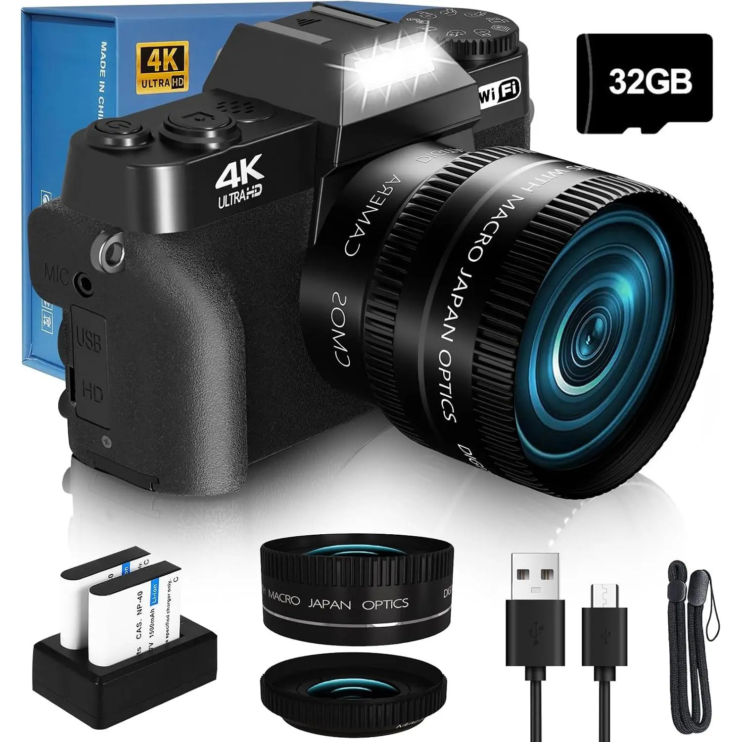 4K Digital Camera, Vlogging Camera with WiFi & Flip Screen | 16X zoom, 52mm lens, flip screen for YouTube, travel and beginners, includes 32GB SD card
