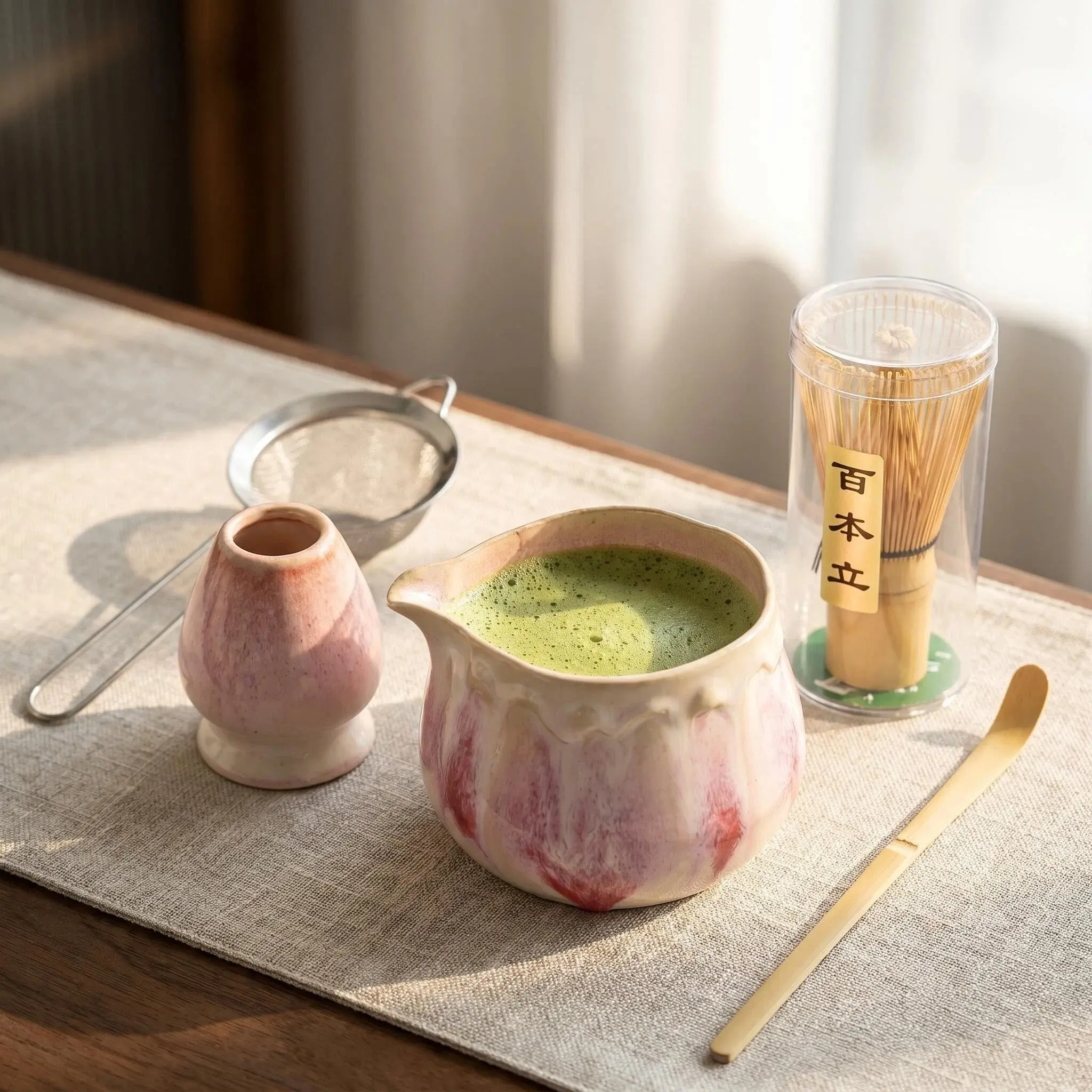 Matcha Whisk Set, Includes Matcha Bowl, Whisk, Tea Bowl Stand, Bamboo Spoon, Tea Tray, 5-Piece Set, Perfect for Matcha Lovers, Gradient