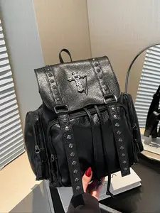 Y2K Punk Retro PU Leather Backpack, Large Capacity Crossbody Bag, Travel Shoulder Bag for Women, Casual Drawstring Design, All Seasons