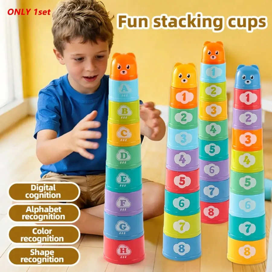 9pcs Baby Educational Stacking Cups Set, Children's Educational Cognition Preschool Learning Tool Large Particle Building Blocks, Blocks for Toddlers, Blocks Tower Game, Digital Letter Pattern Stacking Cups (Random Colors)