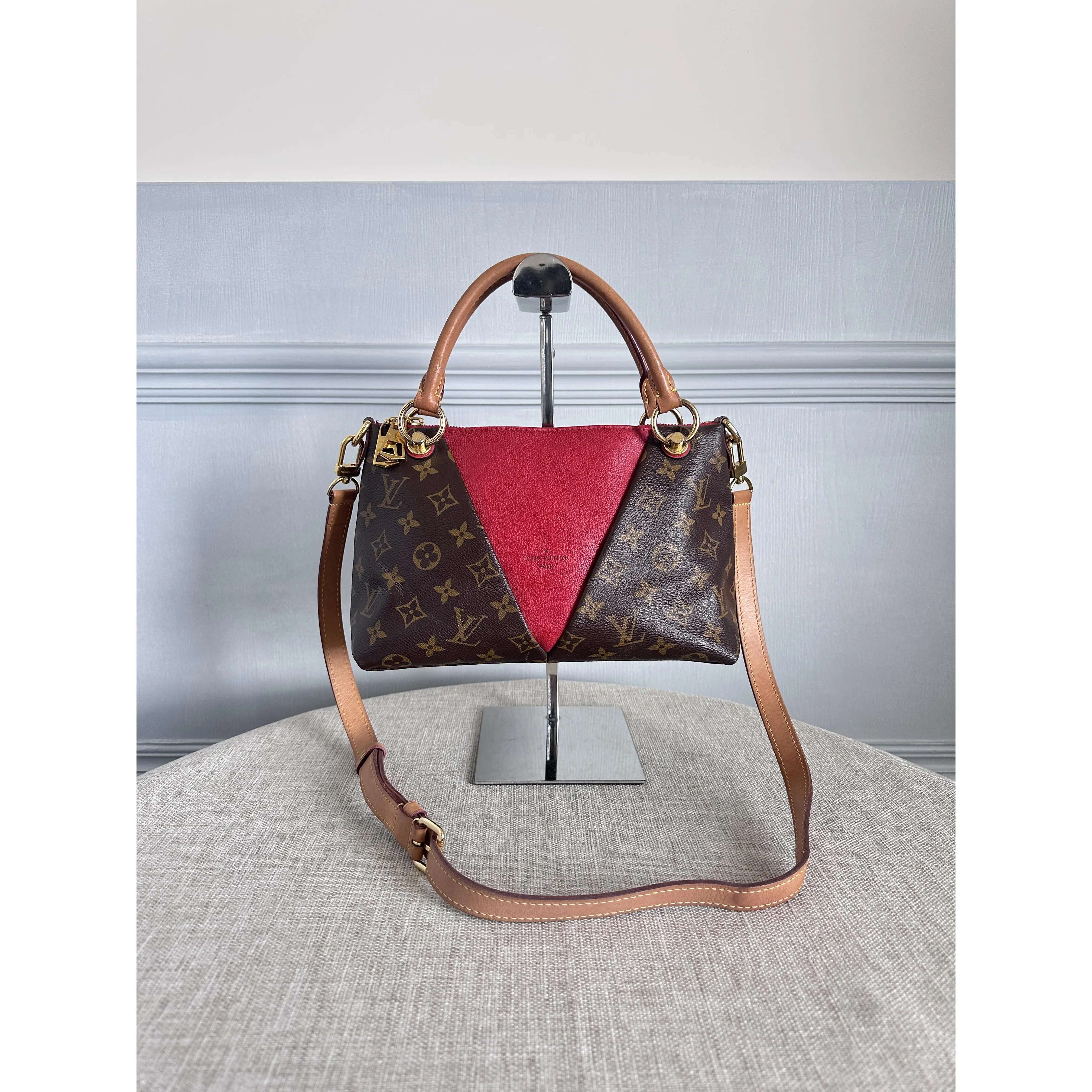 Pre-owned Louis Vuitton Authentic V Tote BB, Red Monogram Canvas, 2 Way Handbag Crossbody