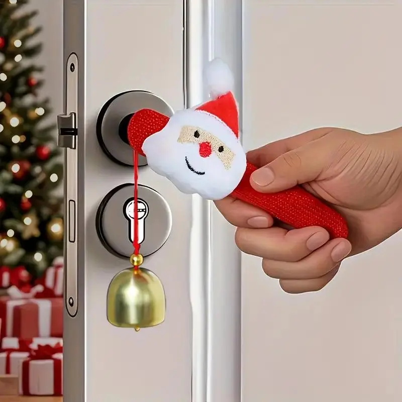 4pcs Christmas Door Handle Decorations Set with Bells – Santa, Reindeer, Tree & Stocking | Detachable Ornaments with Easy-Adhesive Hooks for Indoor/Outdoor Holiday Doors & Cabinets | Viral Cozy Holiday Door Decor | Xmas Decoration