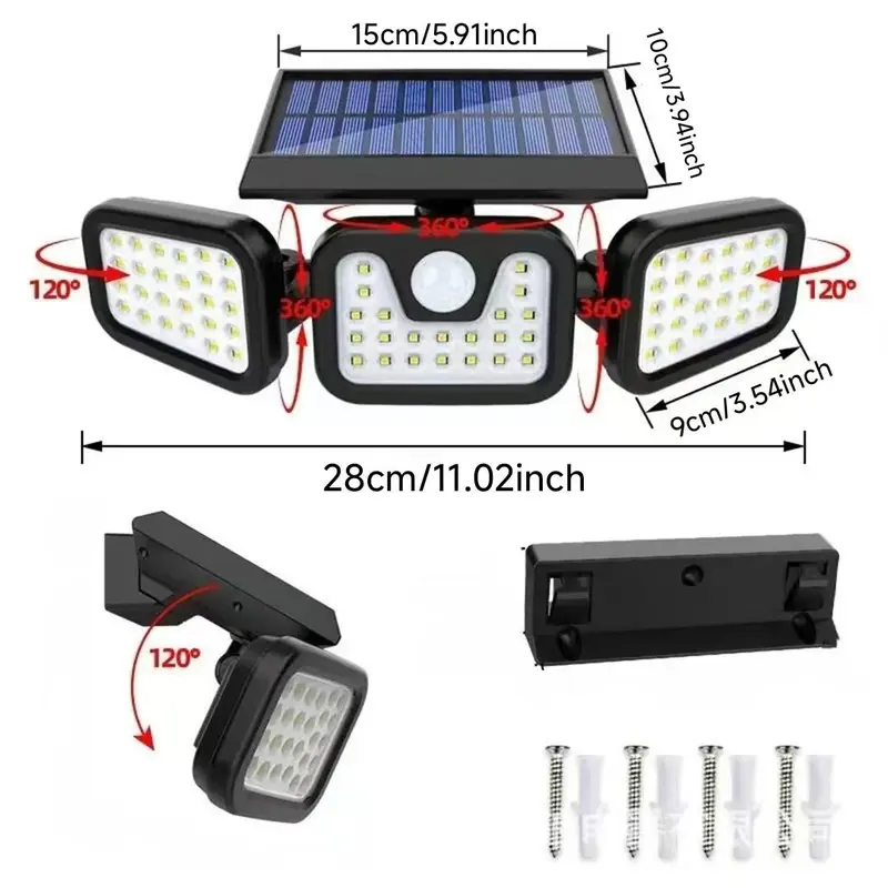 Solar-Powered Outdoor Wall Light, 3-Head Rotating Waterproof Motion-Sensor Light with 74 LEDs for Courtyard and Yard Use, Solar Lights For Outside, Outdoor Garden Lights #GLOBAL PICKS