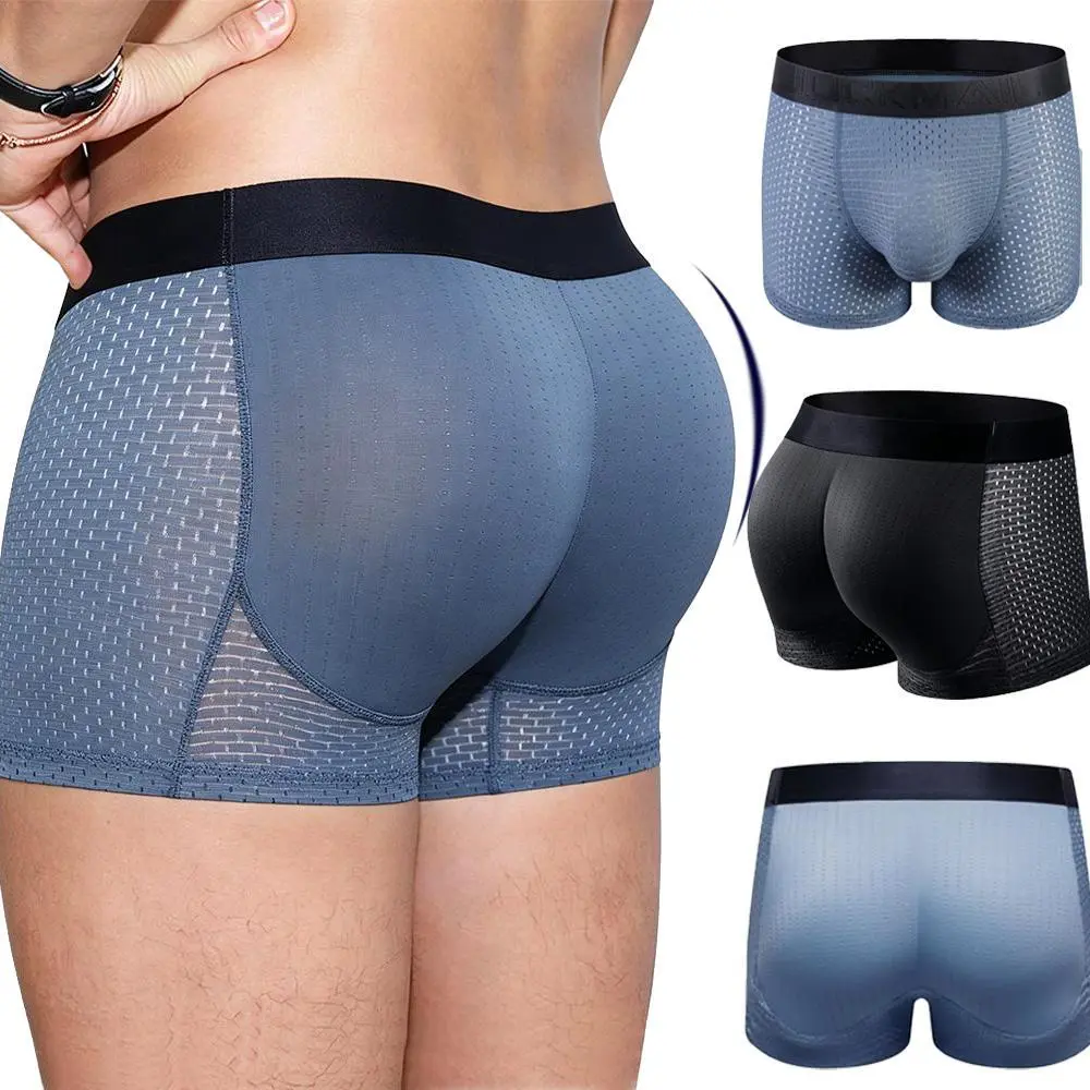 Mens Butt Padded Underwear, Mens Mesh Shapewear Boxer Briefs with Butt Enhancing Pads Latex Hip Lifting Padded Briefs Breathable Honeycomb Mesh Shaper Underwear for Men