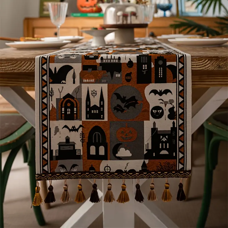 1PC Halloween Skull Bat & Thanksgiving Pumpkin Tassel Table Runner, Seasonal Decorative Table Linen Tablecloth, Multi-Scene Table Scarf Cover For Dining Table, Tea Table & Entryway Console Cabinet Atmosphere Decoration