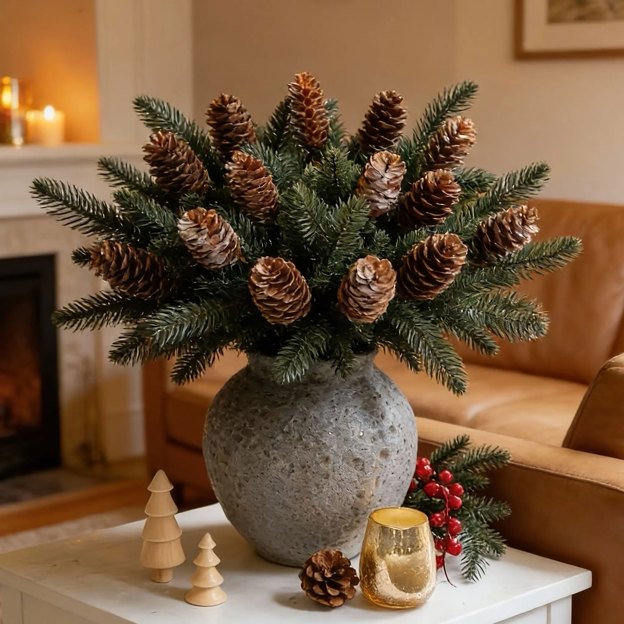 40pcs Realistic Norfolk Pine Branches with Artificial Cones, Lifelike Christmas Greenery, Vase Arrangement, DIY Crafts, Indoor Outdoor Decor
