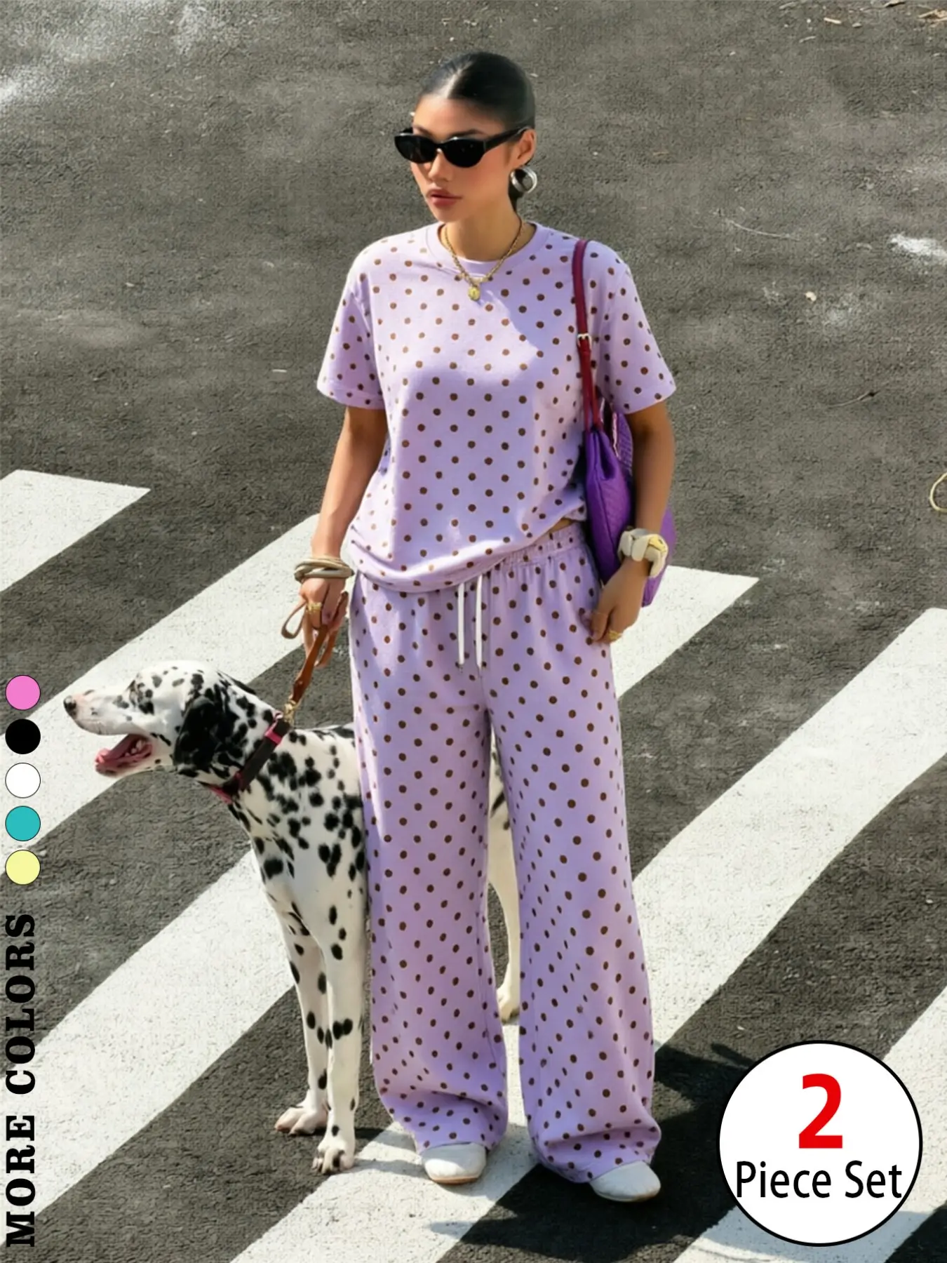 Women 2 Piece Polka Dot Outfit, Crew Neck Short Sleeve Oversized T Shirt & Drawstring Wide Leg Pants Set, Casual Loose Matching Loungewear Set, Trendy Streetwear Tracksuit for Daily Vacation