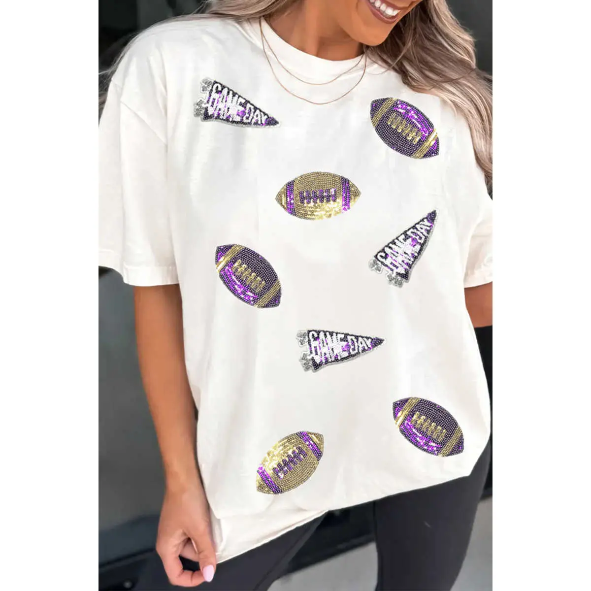 White Sequin Game Day Football Print T-Shirt