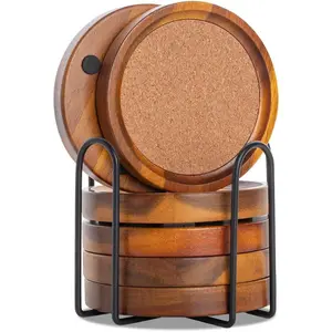 Acacia Wood Cork Coasters with Holder - Absorbent Rustic Cork Coasters for Coffee/Dining Tables & Desks - Set of 6, 4.13in Dark Brown