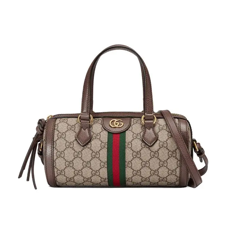 Gucci Ophidia Logo-Embossed Canvas and Leather Boston Handbag for Women, Small Size, Brown