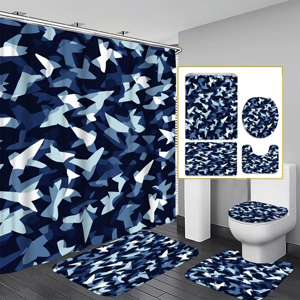 4pcs Blue Camouflage Shower Curtain Set, Oceanic Camo Bathroom Decor, Accessories with Bath Mat, U-shaped Mat, Toilet Lid Cover, 12 Hooks 70.87x70.87inch Curtain, Nautical Style, Home Decor, Bathroom Accessories.