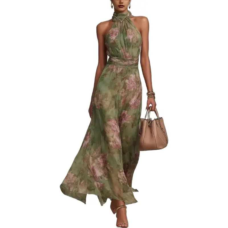 Women's Chic Halter Neck Maxi Dress, a Lightweight Ruched Polyester Chiffon Gown with a Flowy Side Split for Formal Wear