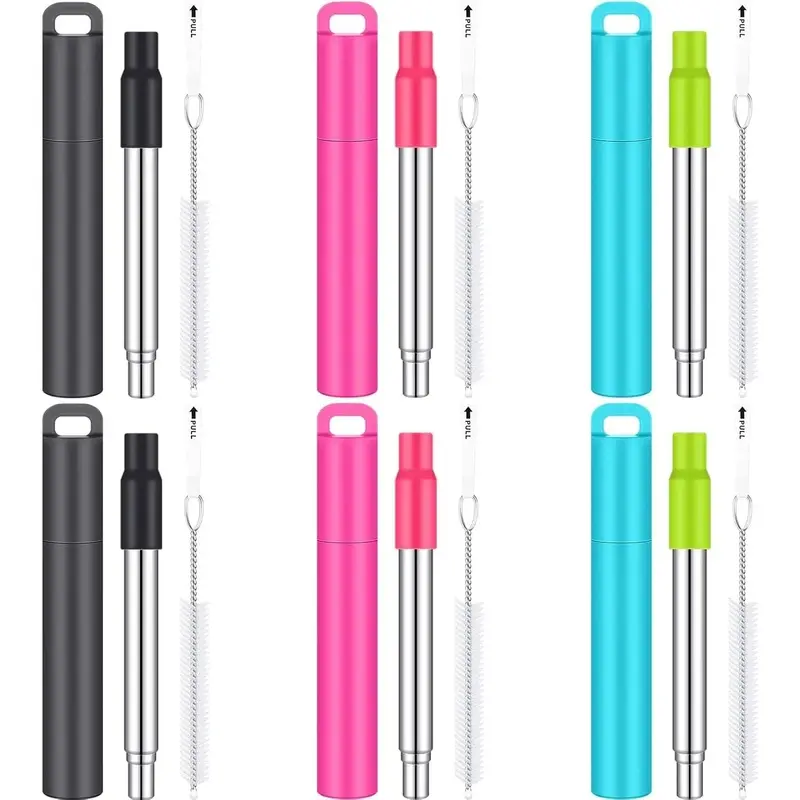 6 Pack Metal  Straw Drinking Collapsible Foldable Stainless Steel Straw with Plastic Case  Tip and Cleaning Brush Long Telescopic Portable Travel Work