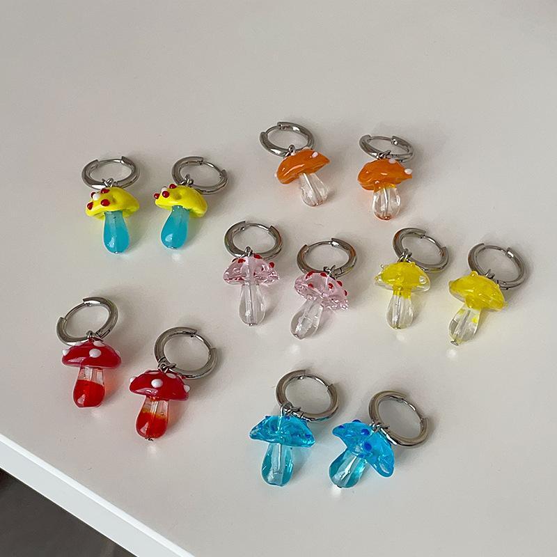 Minar Funny Contrast Color Coloured Glaze Crystal Mushroom Hoop Earrings for Women Silver Plated Metal Holiday Casual Jewelry