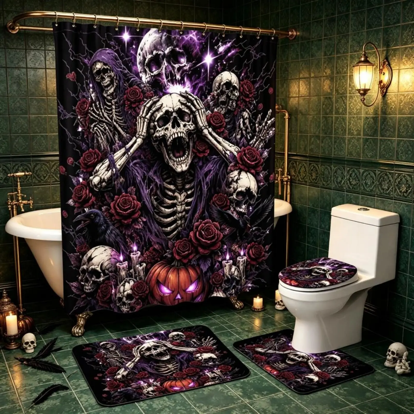 Dark Punk Gothic Raven Skull 4-Piece Bathroom Set, Shower Curtain, Rectangle Bath Mat, Toilet Seat Cover, U-Shaped Rug. Red Rose Purple Galaxy Home Accessories, Waterproof Non Slip Alternative Bathroom Accessories for Gothic Bedroom Bathroom
