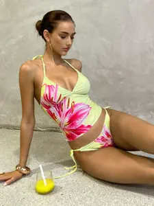 Women's Floral Print Tankini Set, Two-Piece Swimsuit with Tie Front, Casual Tropical Style, All Seasons Wear, Wireless Bra Type