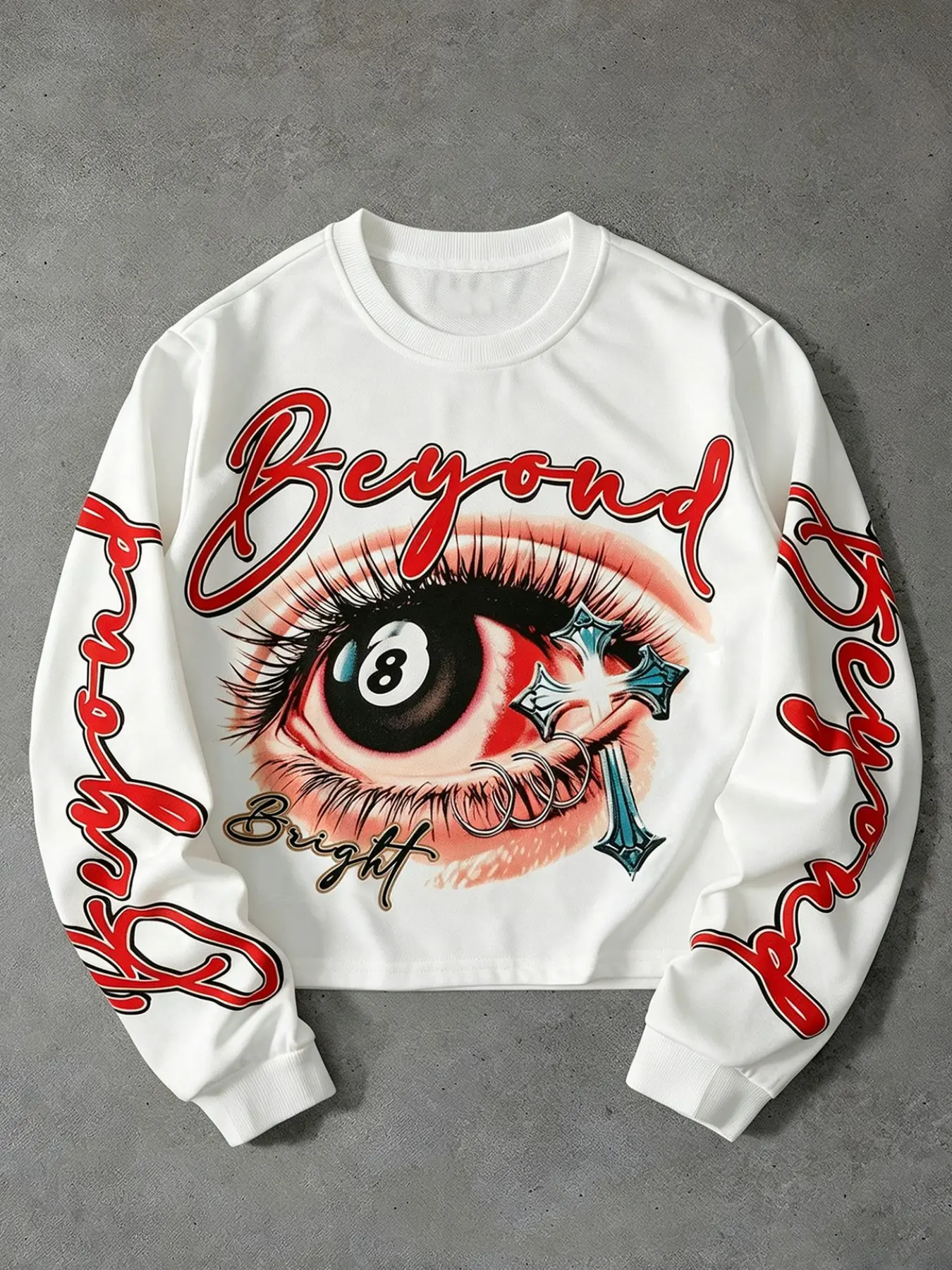 Men White Crop Crew Neck Sweatshirt, Vintage Gothic Eye Letter Print Long Sleeve Top, Casual Streetwear Pullover For Urban Daily Club Wear