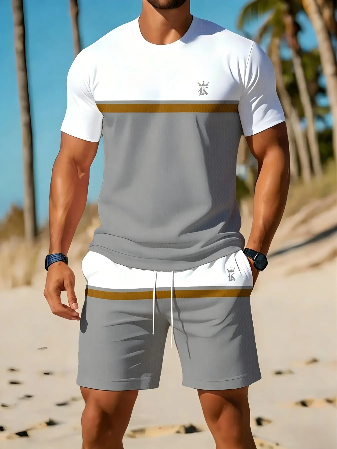 Men's Colorblock Shirt and Shorts 2-Piece Set, Summer Casual Sporty Set Outfit, Beachwear Men's Colorblock Shirt and Shorts 2-Piece Set, Summer Casual Sporty Set Outfit, Beachwear