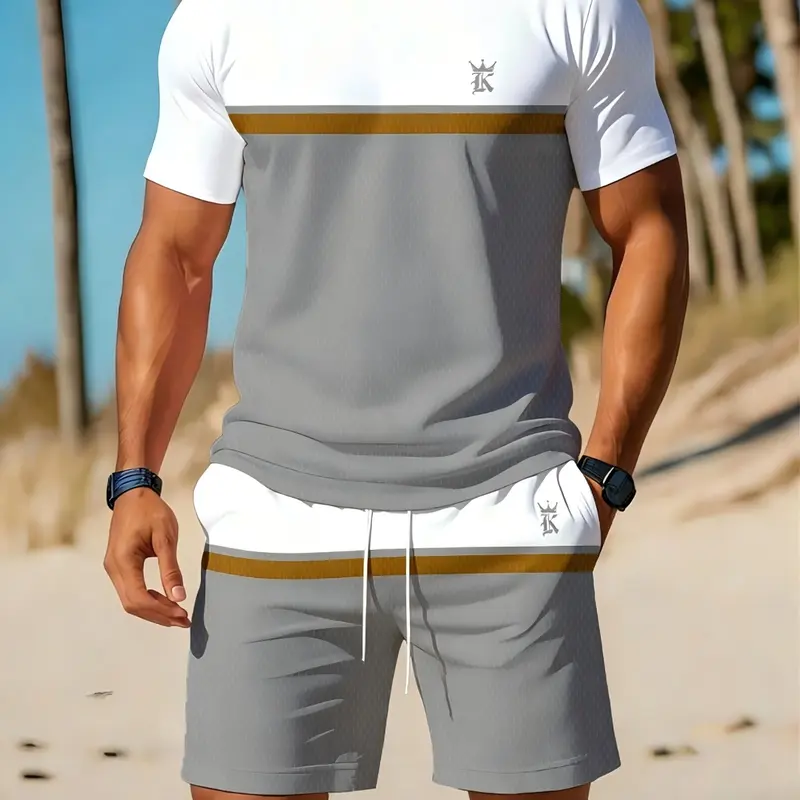 Men's Colorblock Shirt and Shorts 2-Piece Set, Summer Casual Sporty Set Outfit, Beachwear