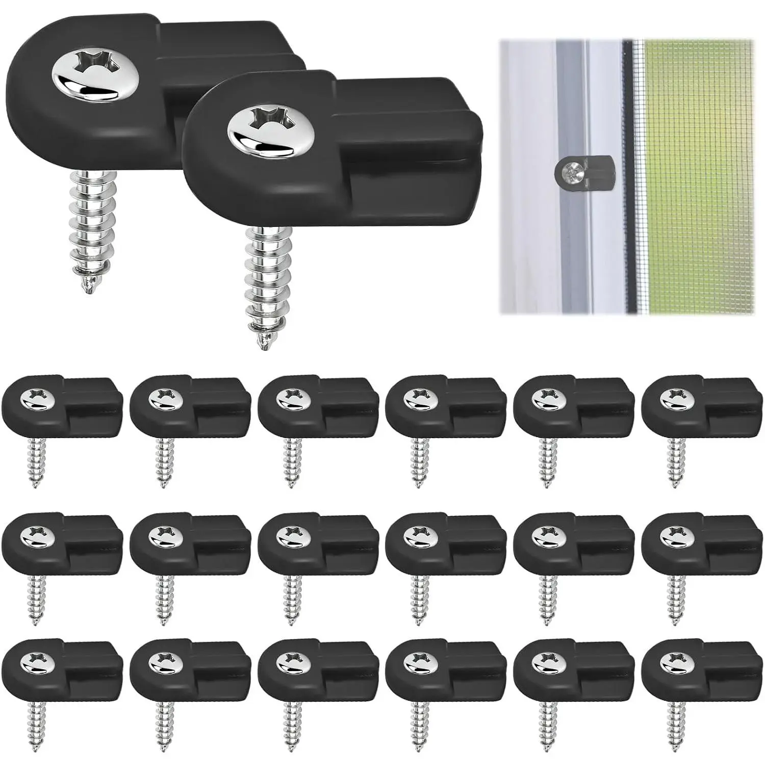 20 Pack Window Screen Clips, PL 7906 Flush Window Screen Holder Clips with Screws, Storm Window Clips for Fastens Window Screens and Storm Door Panels (Black)