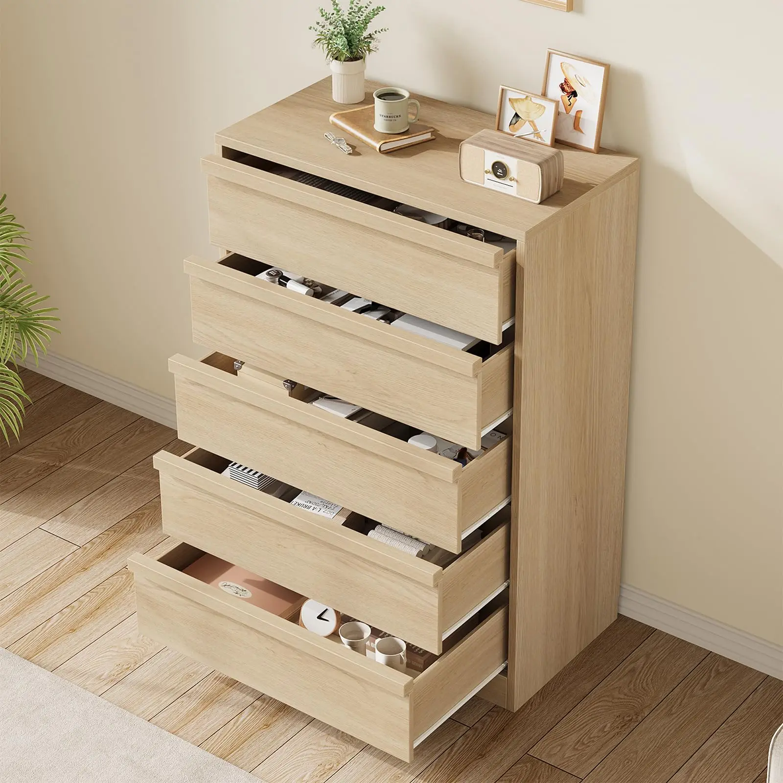 Garvee Modern Wooden Tall Dresser Chest of Drawers - Large Storage - Freestanding Vertical Bedroom Organizer Cabinet