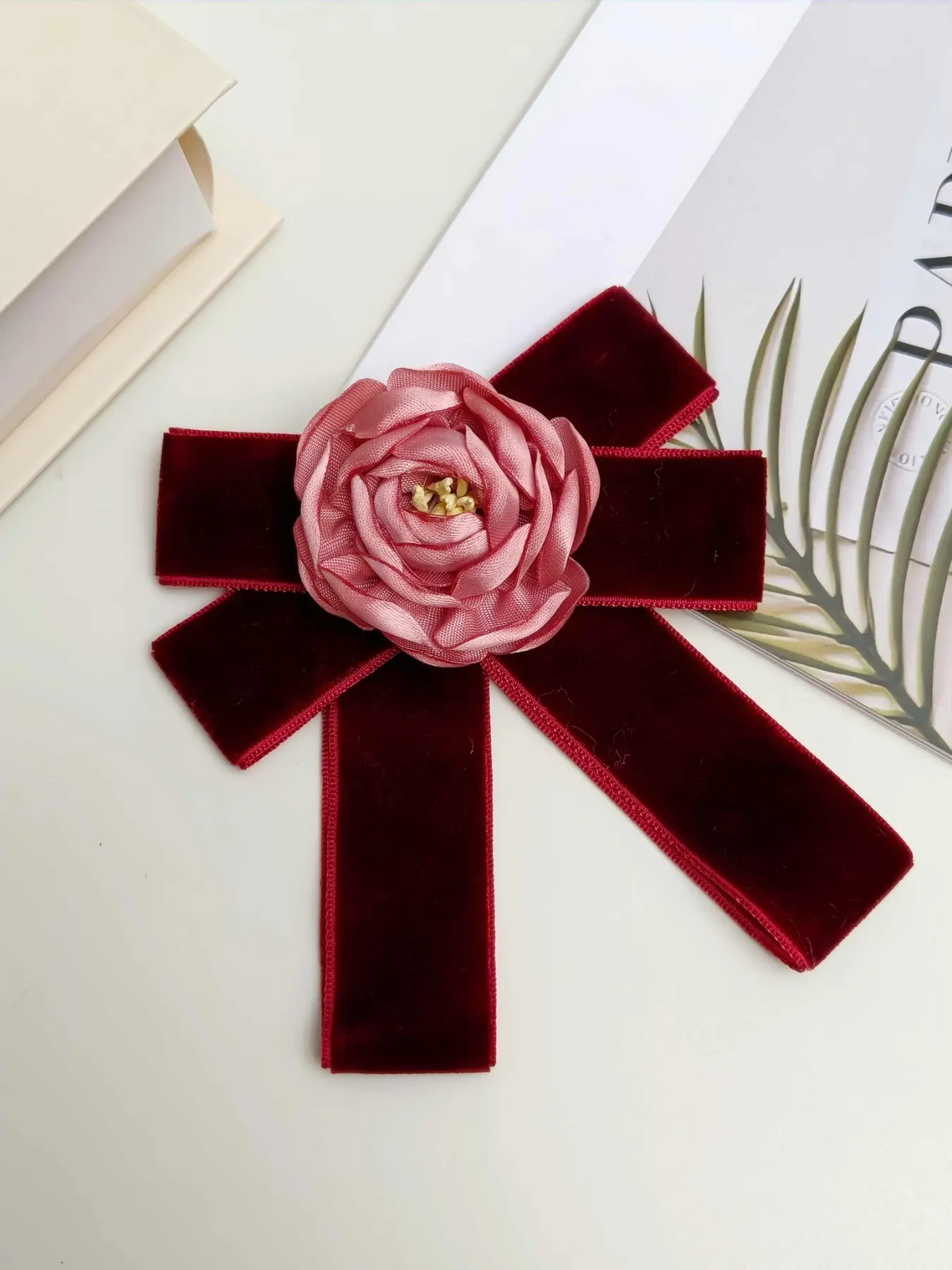 Romantic Burgundy Velvet Rose Bow Pre-Tied Necktie, Vintage Wedding Accessory, Secure Fit, Perfect for Fall Winter Weddings
