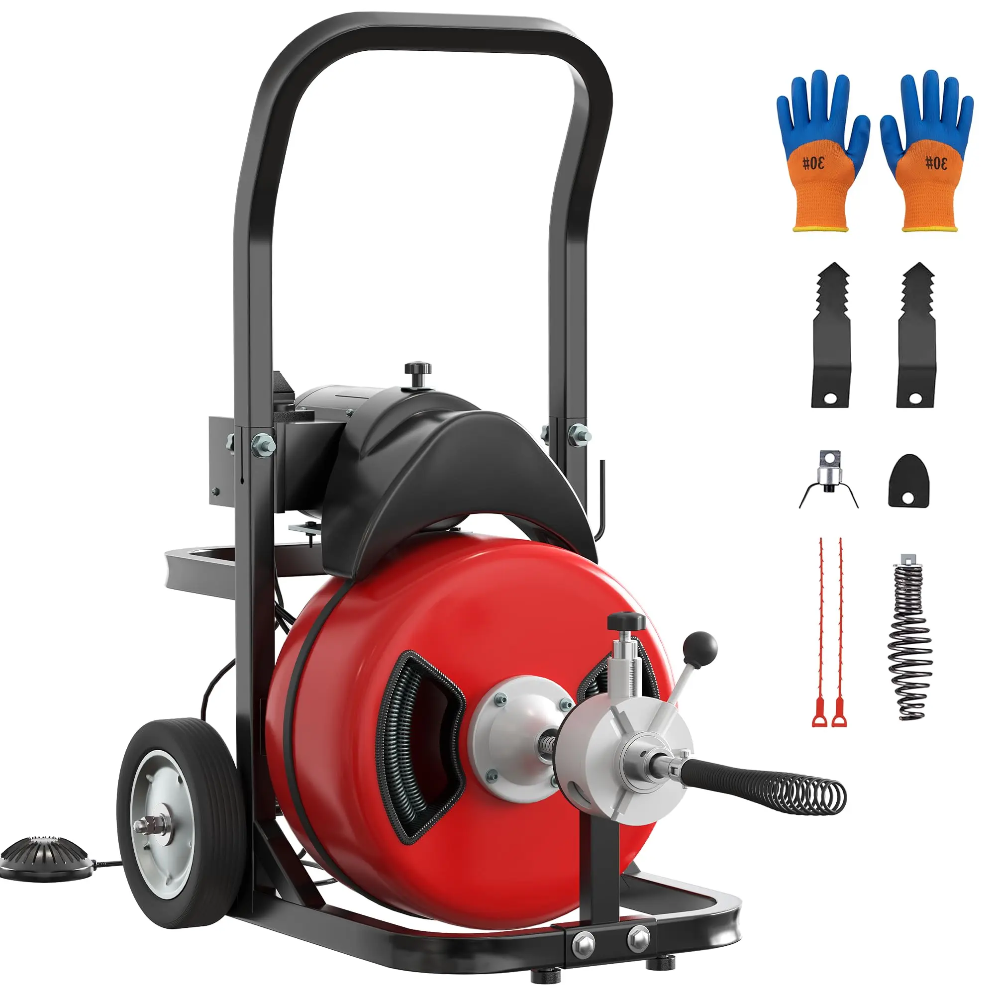Garvee Drain Cleaner Machine 100FT x 1/2 Inch Steel Core Cable Portable 370W Electric Drain Cleaning Machine With Sewer Auger, Cutter, Air-activated Foot Switch, Wheels for Commercial, Home