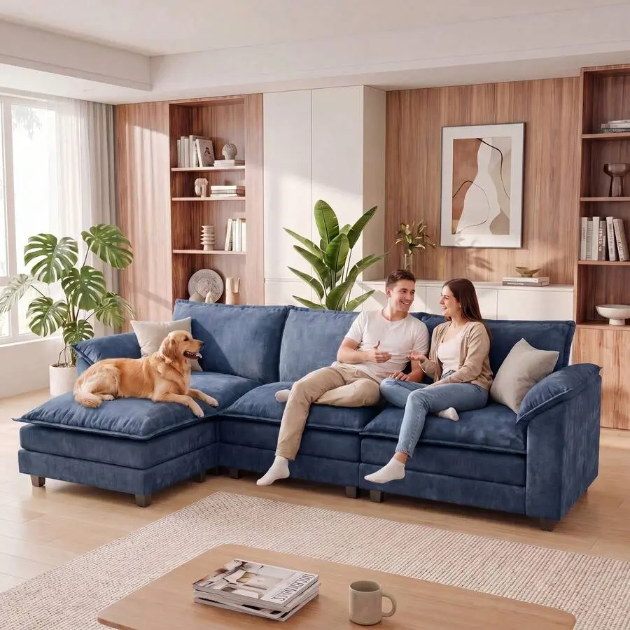 Adjustable Modern Convertible Modular L-Shaped Sectional Sofa - 3-Seater Chenille Cloud Couch with Ottoman, Deep Seat, Flexible Series Transformable Sectional Living Room Furniture