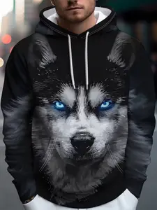Men's Dark Realistic Ice Blue Eye Wolf Head Full Print Hoodie, European and American High Street Style, Casual Long Sleeve Pullover