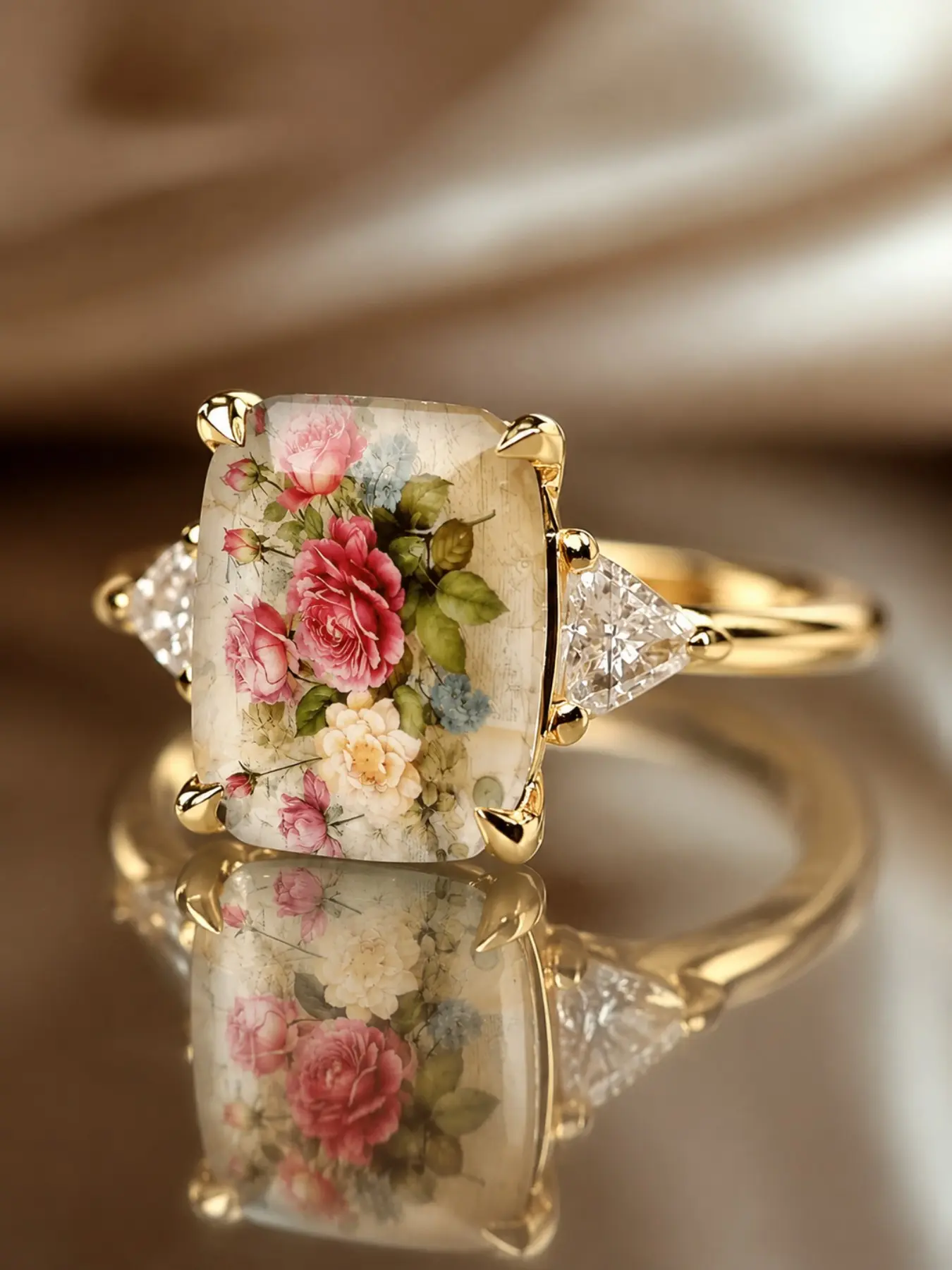 Vintage Letter Colorful Rose Floral Square Ring, Light Luxury, Elegant Fashion Jewelry, Ideal Gift for Mothers and Girlfriends, Rose Flower Ring